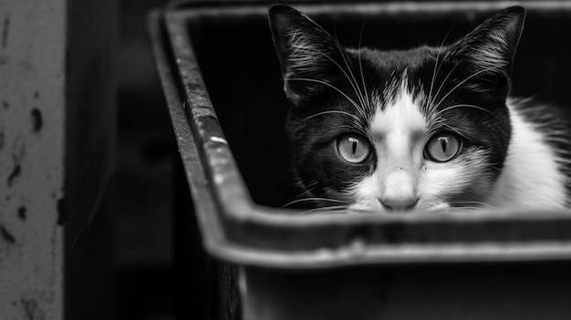 ゴミ箱の中の白黒猫