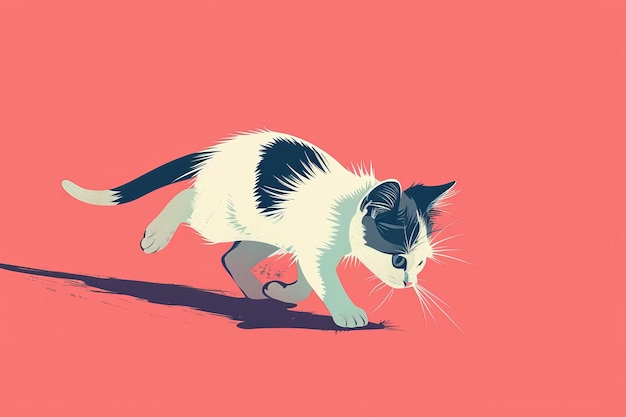 Photo a black and white cat walking on a pink background