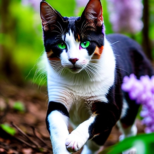 black and white cat walking