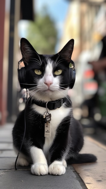 A black and white cat wearing headphones on its head.