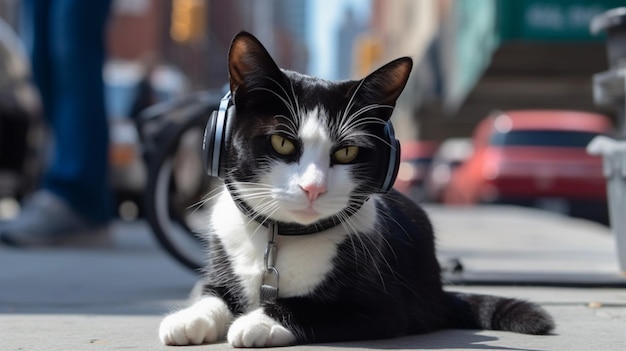 A black and white cat wearing headphones on a street