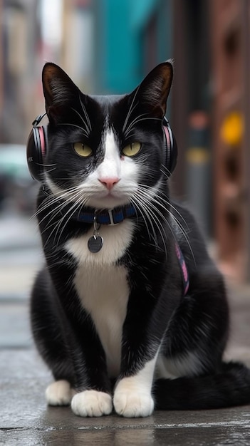 A black and white cat wearing headphones and a tag that says'the cat is wearing a collar. '