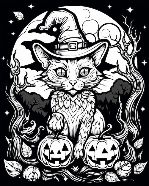 a black and white cat wearing a witch hat and holding two jack o lanterns generative ai