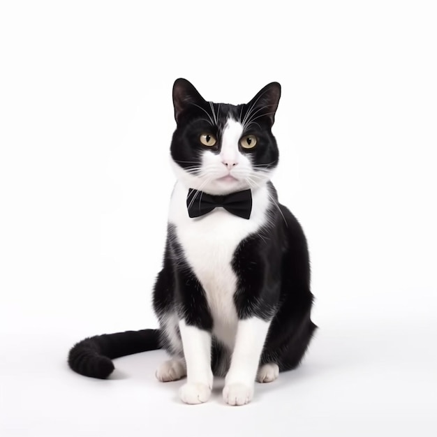 A black and white cat with a bow tie sits in front of a white background.