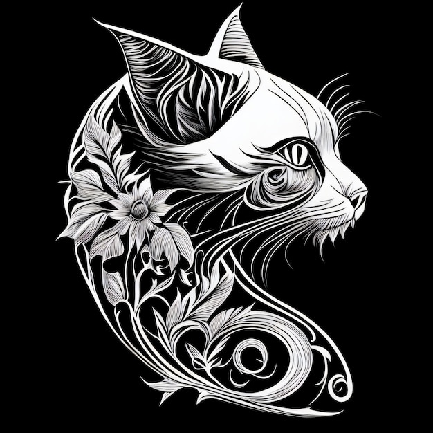 Foto un gatto bianco e nero con un motivo floreale sul muso.