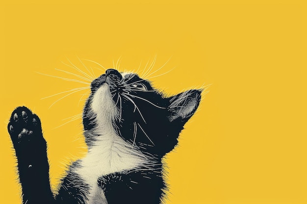 A black and white cat with its paws up on a yellow background