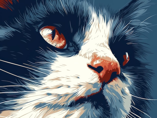 Foto un gatto bianco e nero con gli occhi rossi su uno sfondo blu