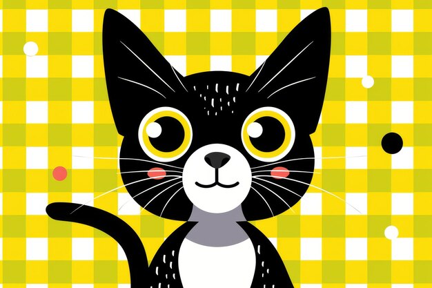 Photo a black and white cat with yellow eyes on a checkered background