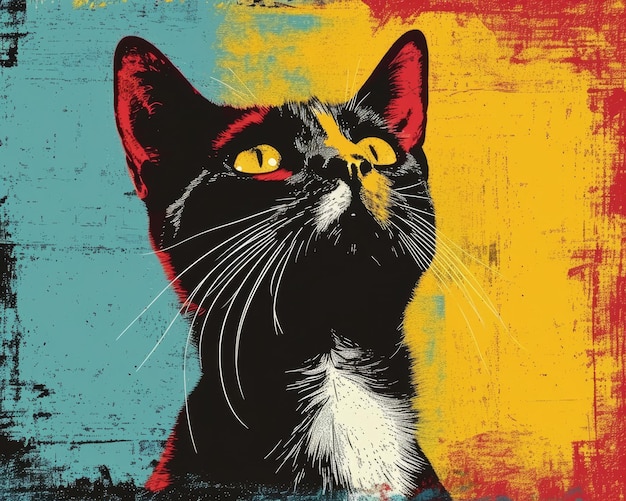 A black and white cat with yellow eyes on a colorful background