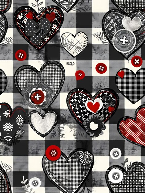 A black and white checkered fabric with hearts