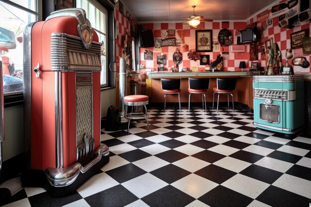 Photo black and white checkered floor with jukebox in corner created with generative ai