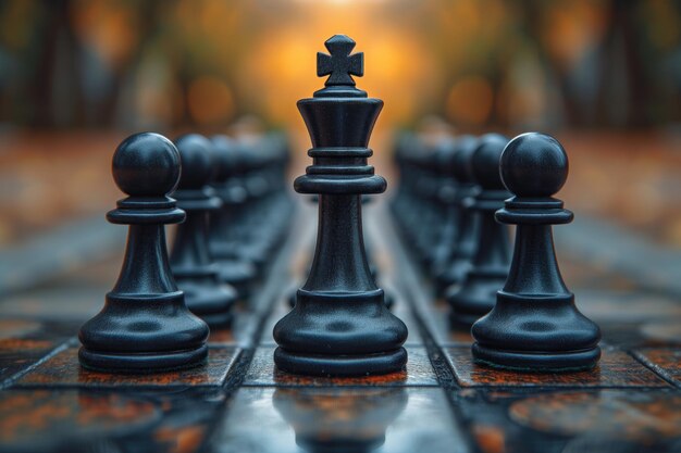 Black and white chess figures board posing in the front