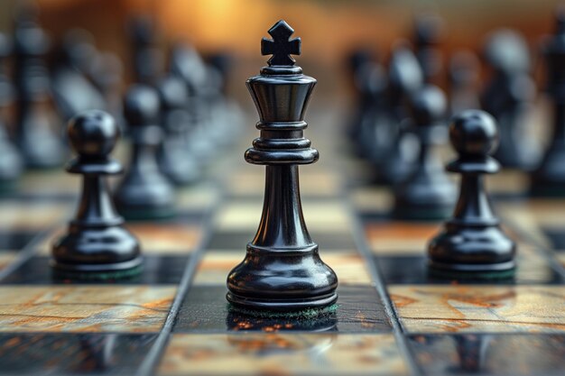 Black and white chess figures board posing in the front