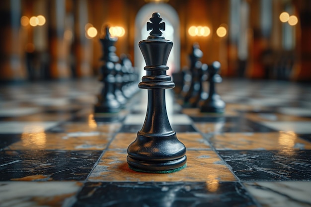 Черно-белая шахматная доска с фигурами, позирующими спереди