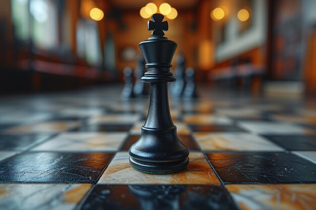 Black and white chess figures board posing in the front