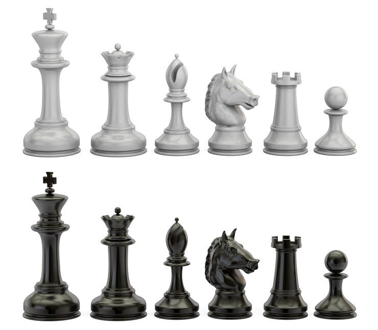 Black and white chess figures in row 3D rendering