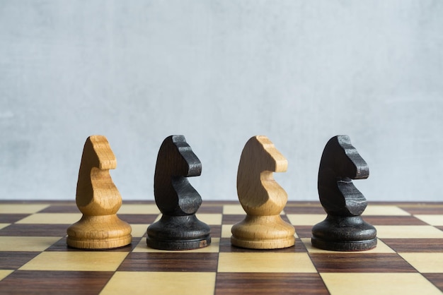 Black and white chess horses on the board