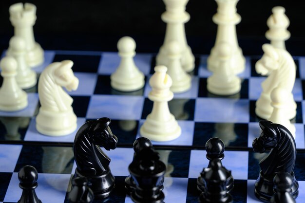 Black and white chess pieces on chess board