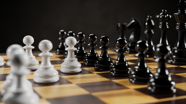 Black and white chess pieces on a chessboard 3D rendering illustration