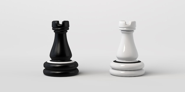 Black and white chess rook facing each other. Isolated on white background.