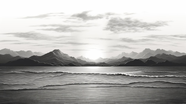 Black And White Chiaroscuro Mountains And Water Illustration