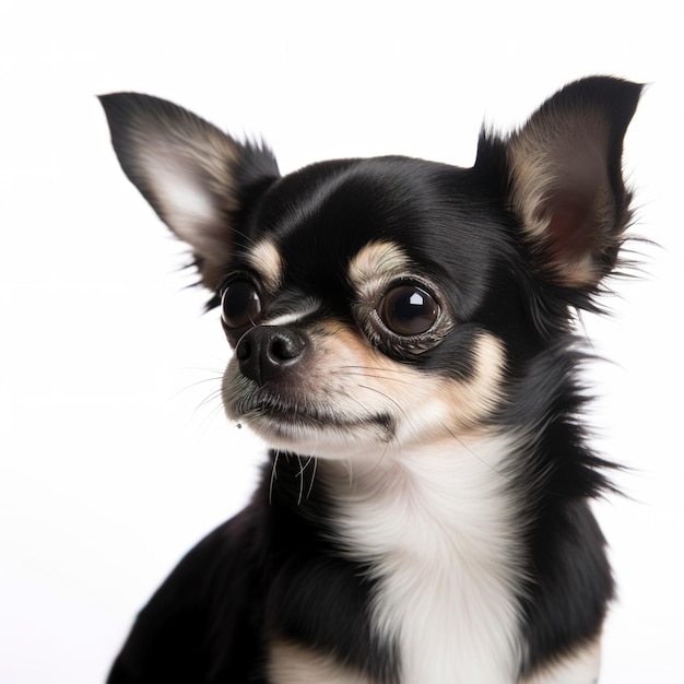 A black and white chihuahua with a black collar and white spots.