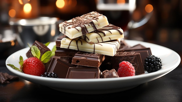 Black and white chocolate on a white plate