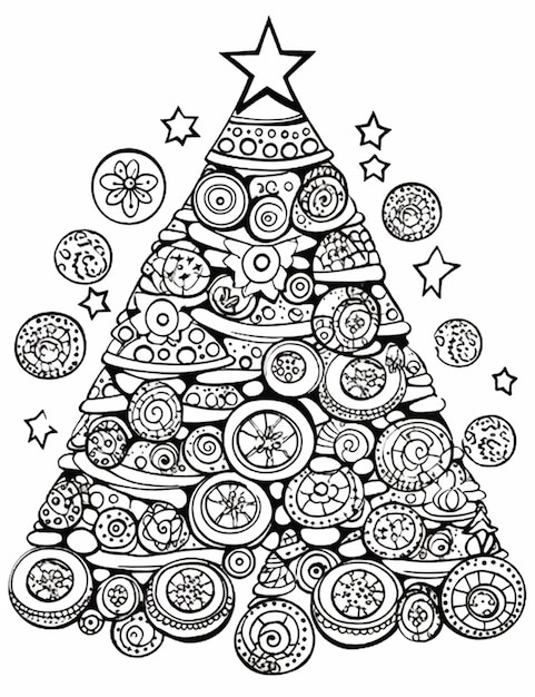 A black and white christmas tree with a pattern of fruits and stars.