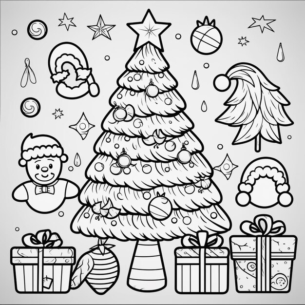 Черно-белая рождественская елка с подарками и Санта-Клаусом