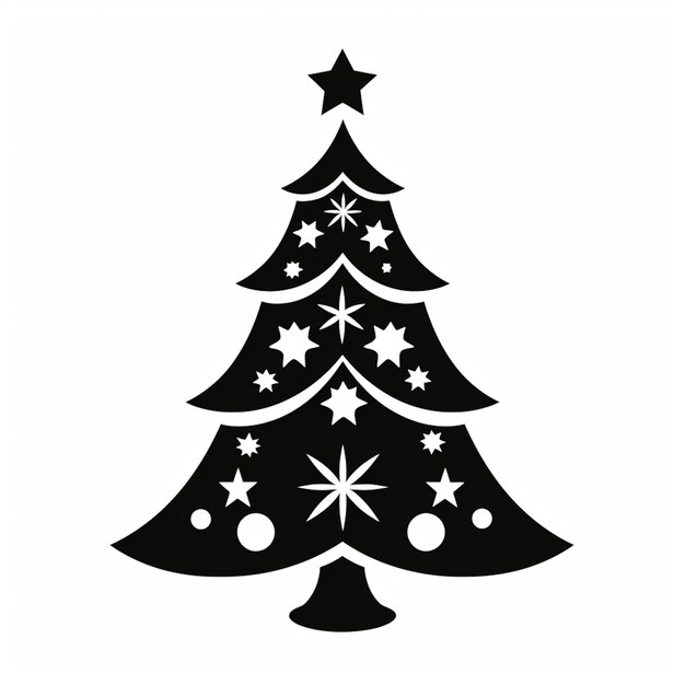 a black and white christmas tree with stars and balls generative ai