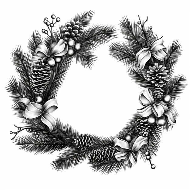 Black and white Christmas wreath on white background