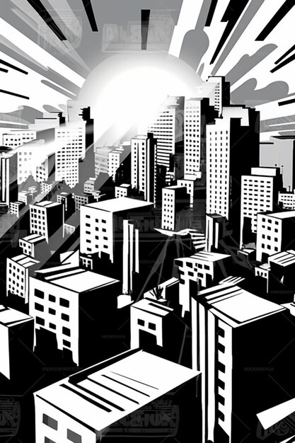 Photo a black and white cityscape with sun shining over buildings generative ai