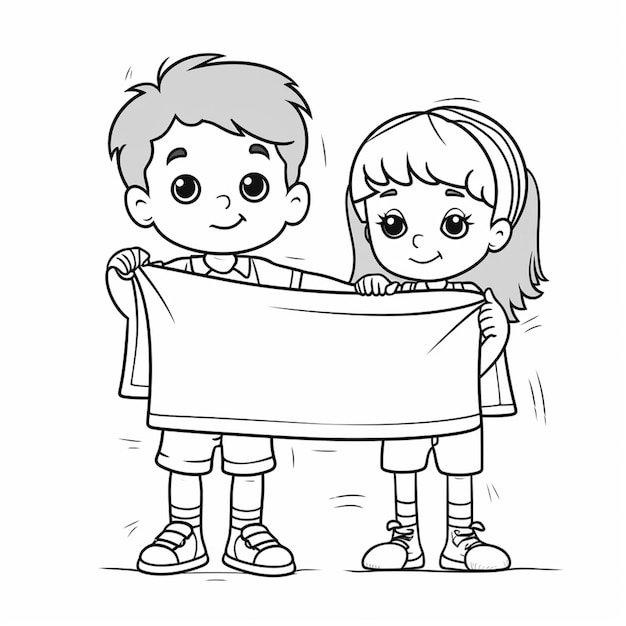 Black and white clipart of a boy and girl holding a banner.