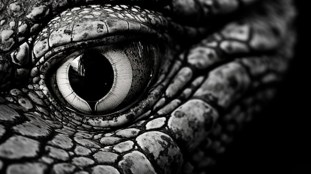 A black white close shot eye of an alligator