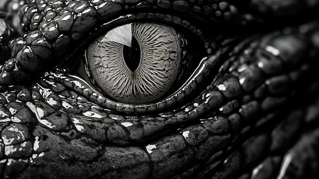 A black white close shot eye of an alligator