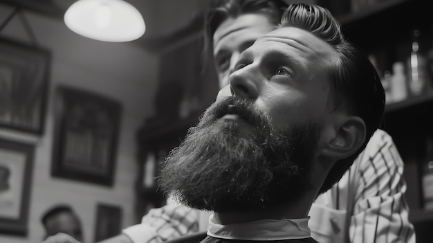 Photo a black and white close up of a man getting his beard trimmed at a barber shop the man is looking up at the barber who is out of focus