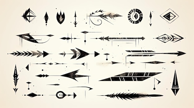 black and white collection of arrows drawn with a brush pen in the style of chaotic energy