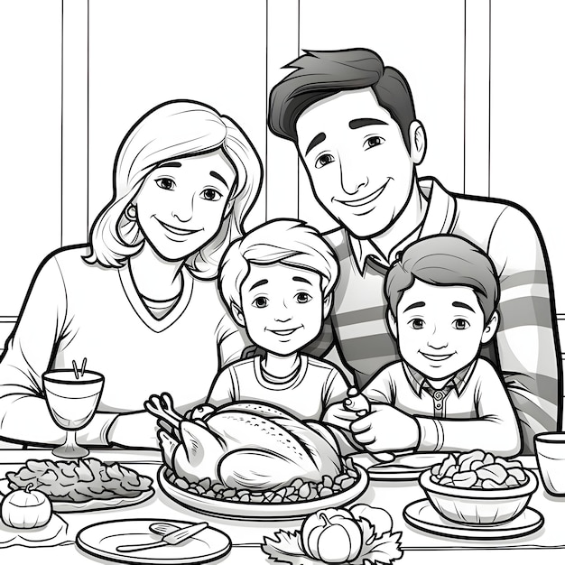 Black and White coloring book happy family at the Thanksgiving table Turkey as the main dish of thanksgiving for the harvest