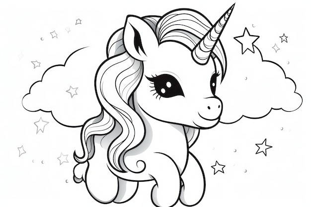 Photo black and white coloring book for kids cute baby unicorn