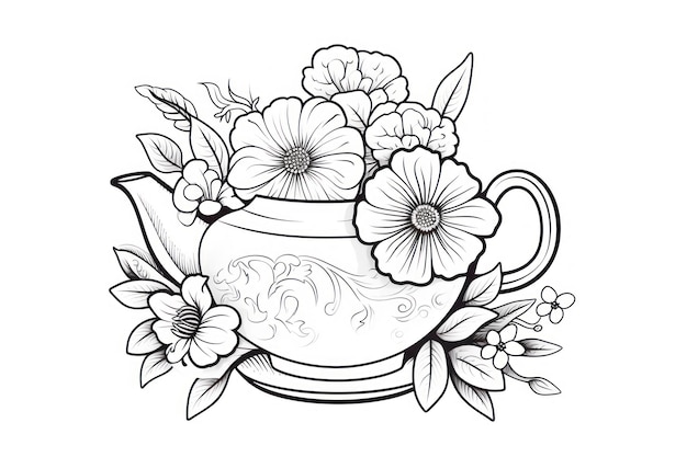 Photo black and white coloring book for kids cute tea