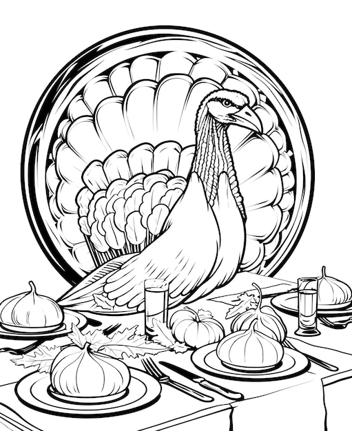 Foto libro da colorare bianco e nero grande tacchino con ricco piumaggio in piedi sul tavolo turchia come piatto principale di ringraziamento per il raccolto