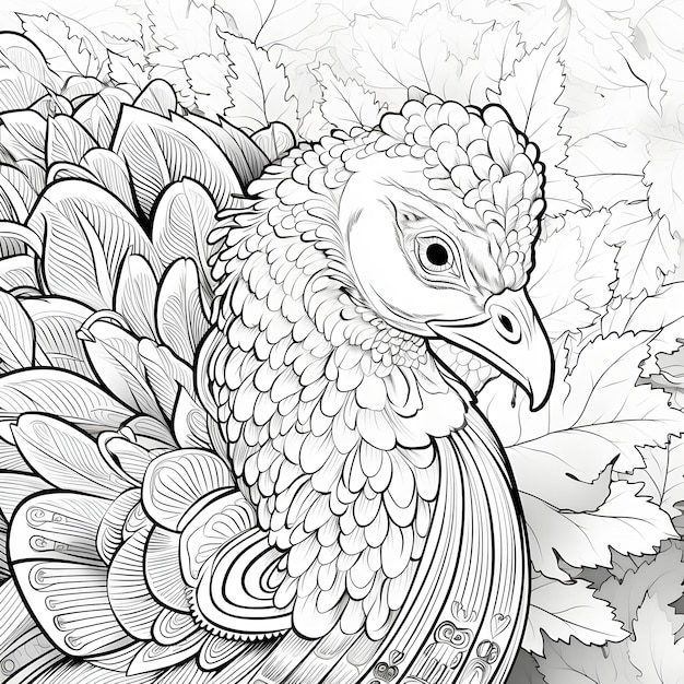 Black and White coloring book turkey and autumn leaves Turkey as the main dish of thanksgiving for the harvest An atmosphere of joy and celebration