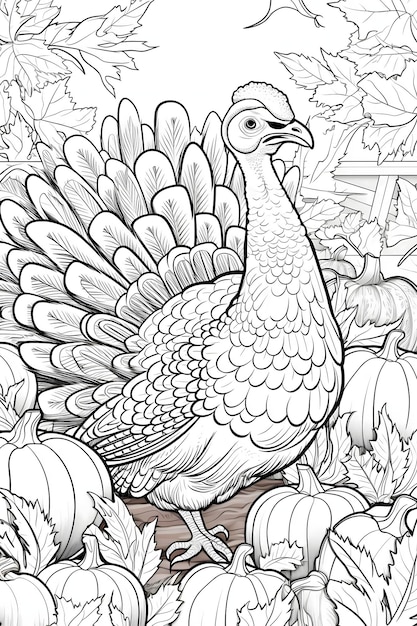 Black and White coloring book turkey pumpkins and leaves Turkey as the main dish of thanksgiving for the harvest