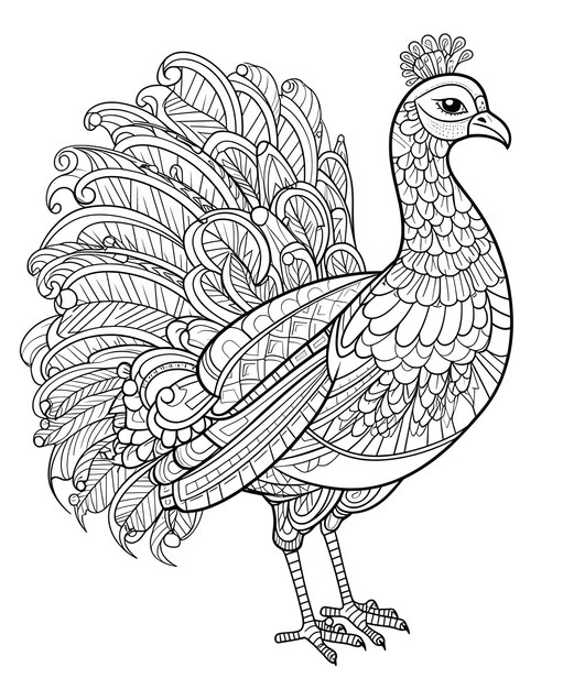 Photo black and white coloring book turkey with many shapes and decorations on the feathering turkey as the main dish of thanksgiving for the harvest