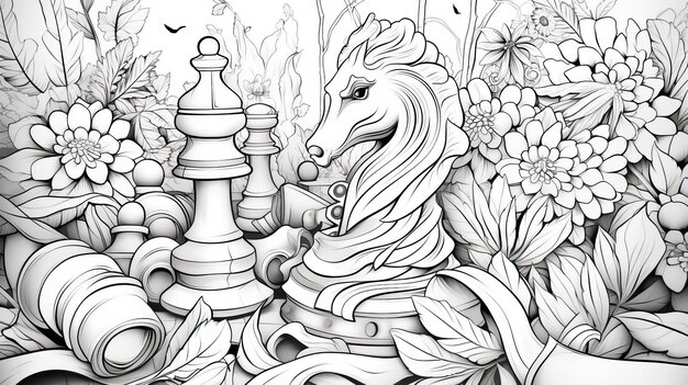 Photo black and white coloring book with animals or magical creatures