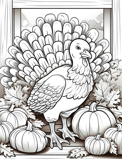 Photo black and white coloring book young turkey around pumpkin leaves turkey as the main dish of thanksgiving for the harvest