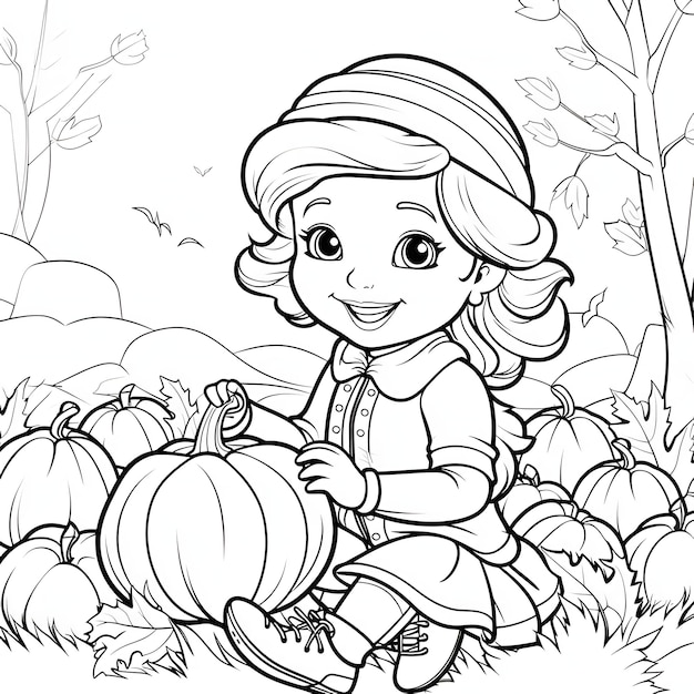 Black and white coloring card of a cheerful girl with a pumpkin Pumpkin as a dish of thanksgiving for the harvest picture on a white isolated background