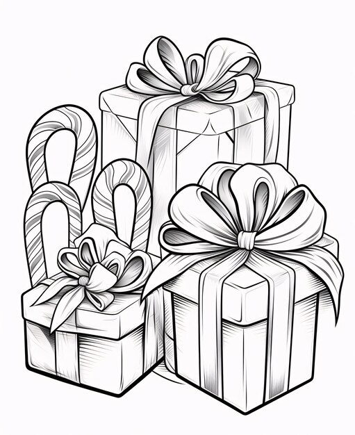 Photo black and white coloring card gifts with bows and sticks gifts as a day symbol of present and love