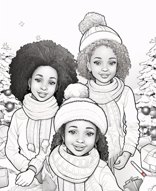 Black and White coloring page black family wearing hats and scarves Celebrating Black History Month