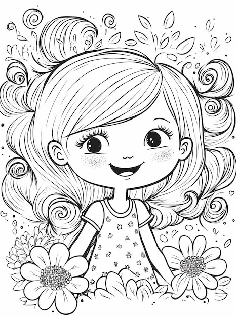 Black and White Coloring Page of a Cute Girl with Fansy Hairstyle and Flowers